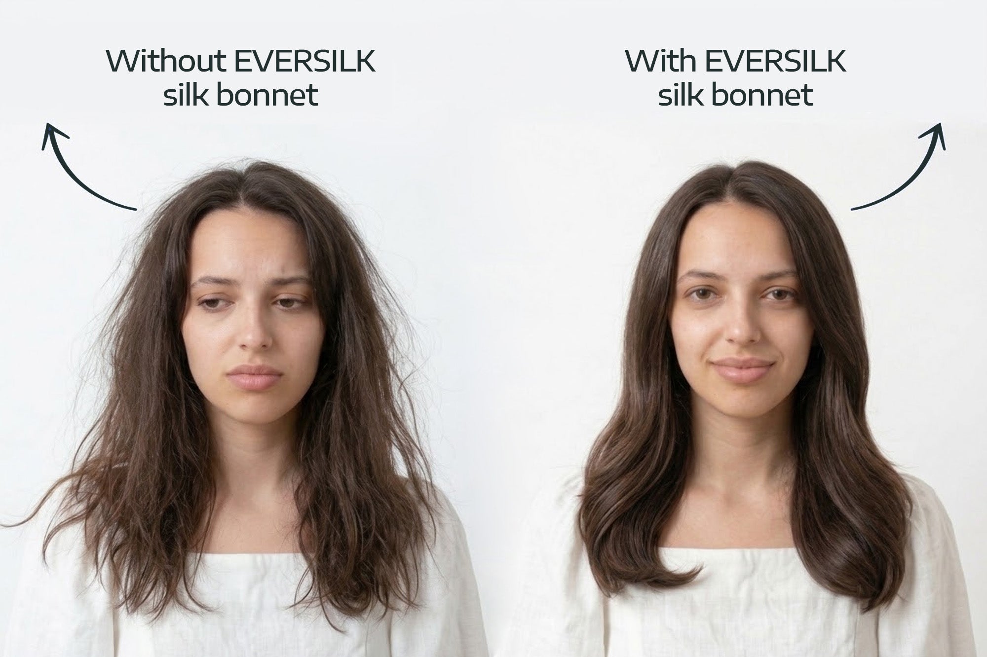 Before and after comparison of the Eversilk silk bonnet, an anti-frizz hair treatment