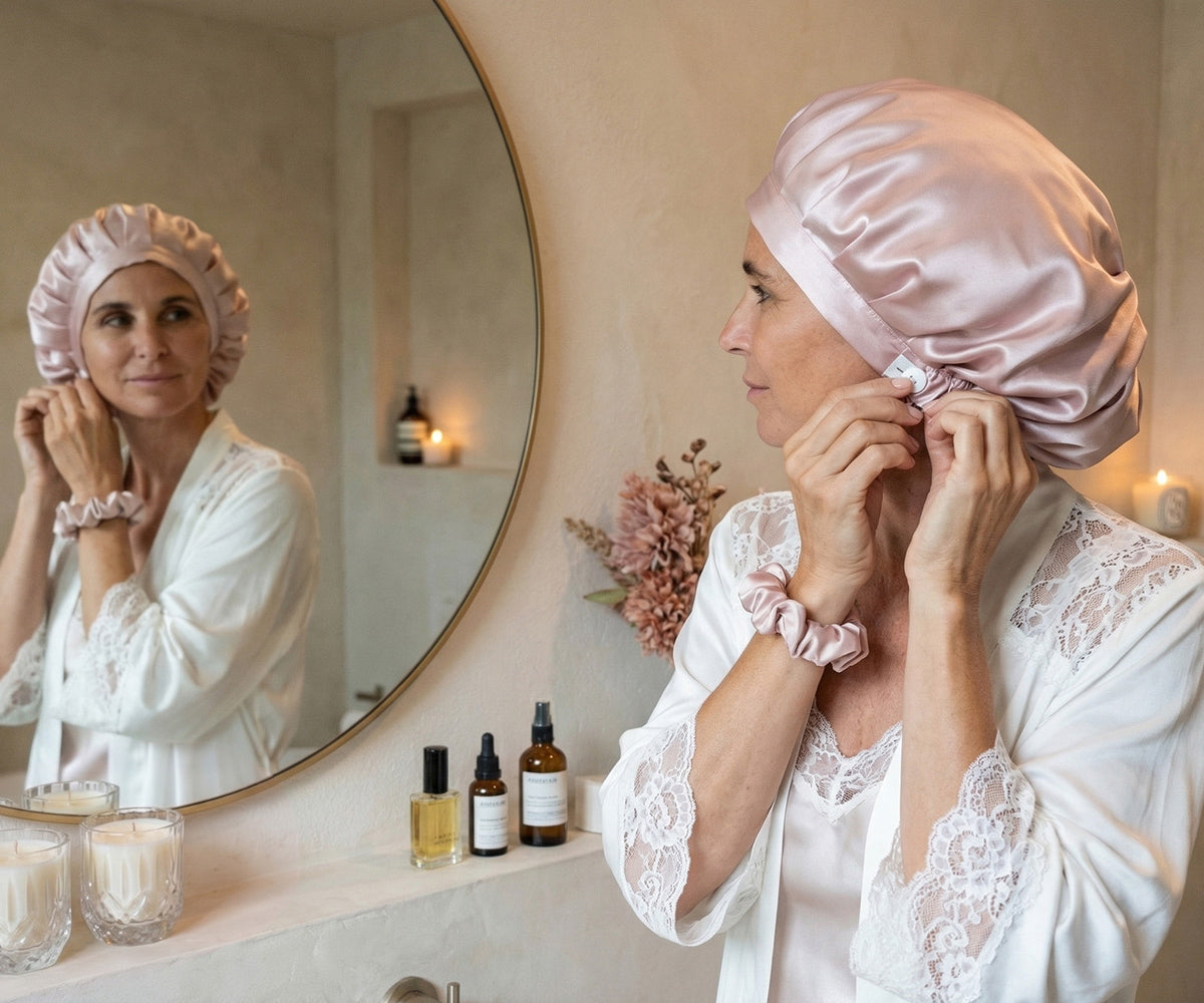 Woman adjusting her pink silk bonnet in the bathroom, with a matching scrunchie.